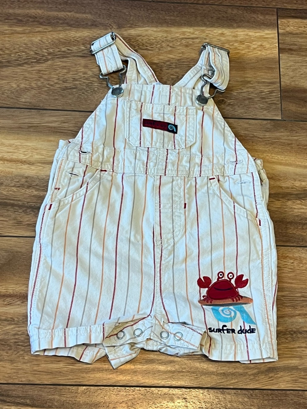 Carters 9mo surfs up surfer dude cream striped short overalls with crab beach